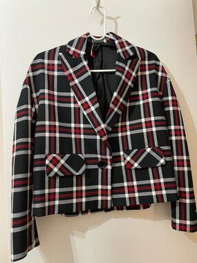 Imperial Plaid Blazer Black Red White Single Button Cropped - Estimated M